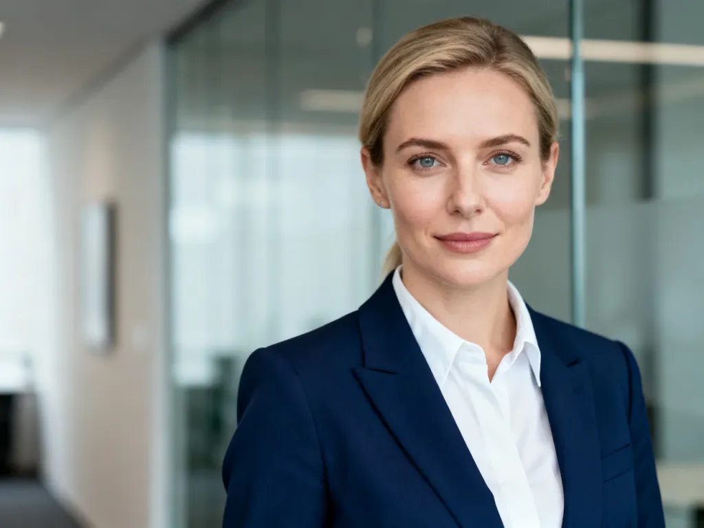 Kobieta w granatowej marynarce i białej koszuli, prezentująca profesjonalny i elegancki strój na rozmowę kwalifikacyjną.