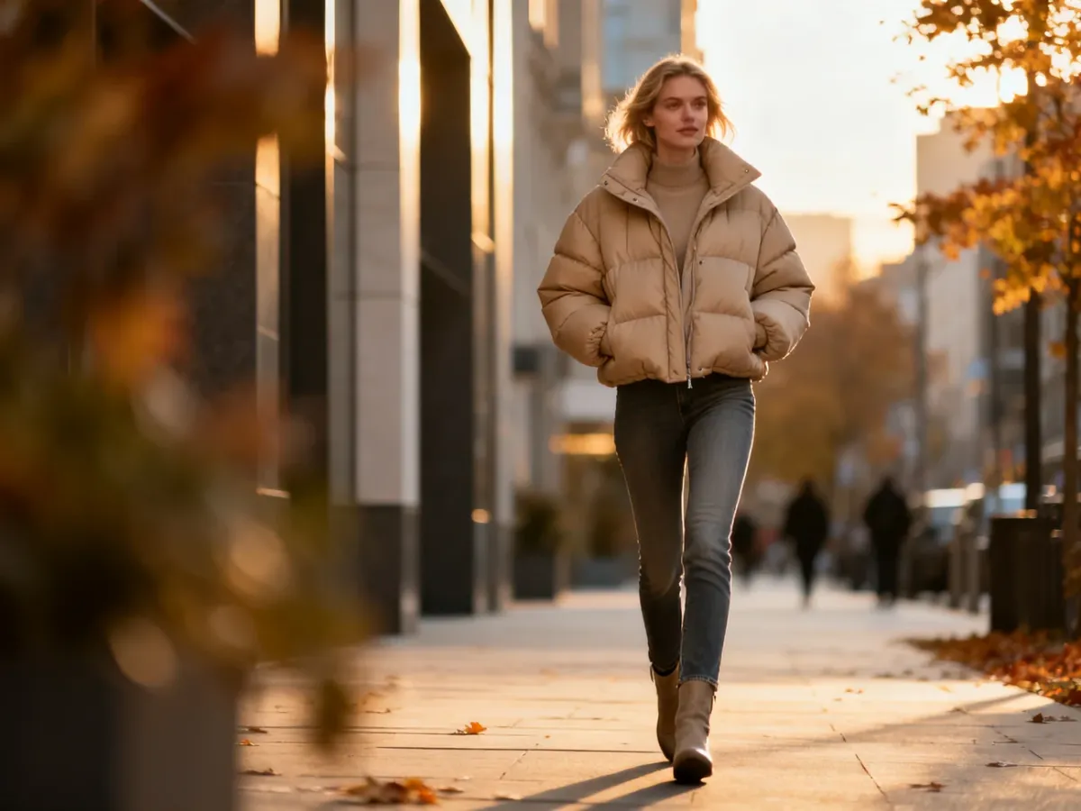 Kobieta w beżowej kurtce puchowej i dopasowanych jeansach spaceruje jesienną ulicą, prezentując modną stylizację.