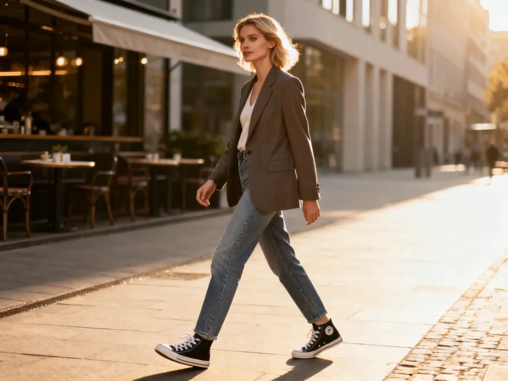Stylowa kobieta w klasycznych trampkach Converse, jeansach i marynarce spaceruje po słonecznej ulicy miasta.